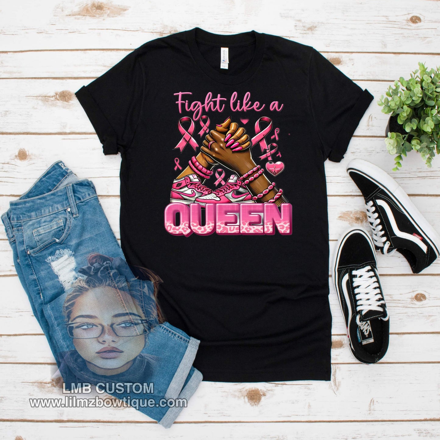 Black unisex "Fight like a Queen" t-shirt with pink breast cancer awareness ribbons and clasped hands design
