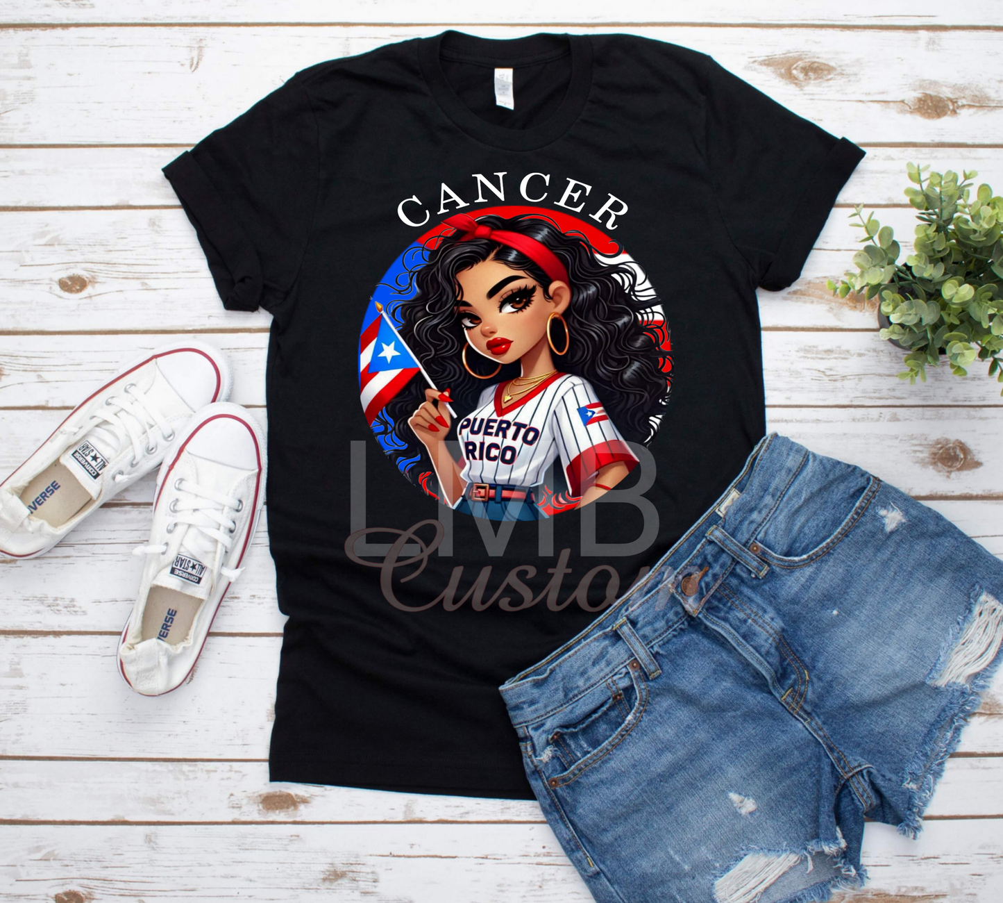 Black Puerto Rican Zodiac adult t-shirt with Puerto Rican flag and illustrated woman design