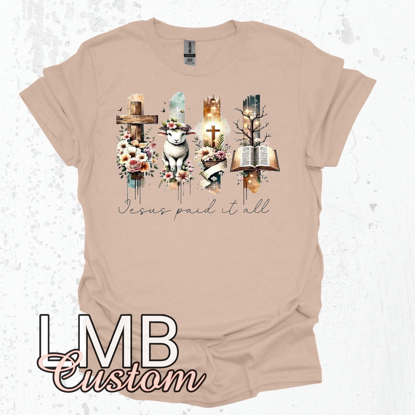 Sand Jesus Christian shirt with religious cross, lamb, crown, and Bible design, unisex softstyle cotton blend tee