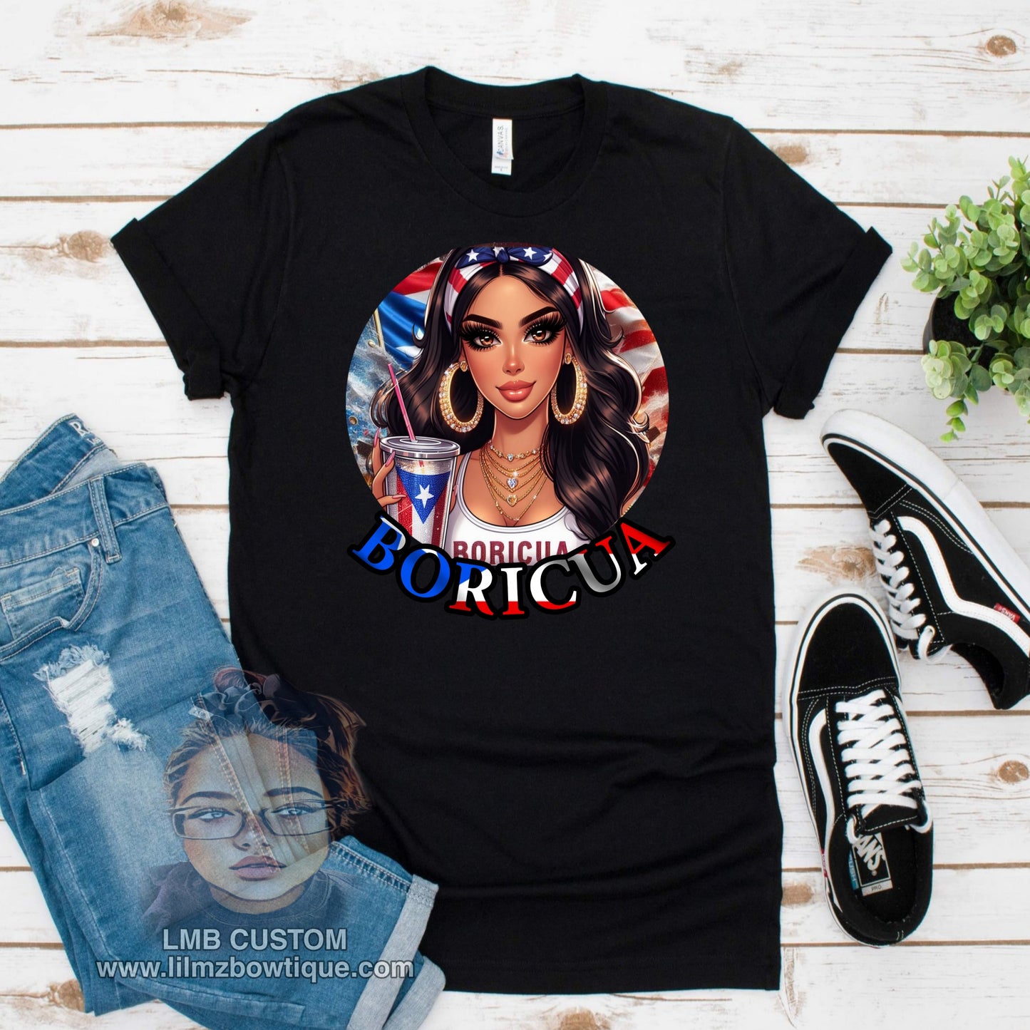 Boricua Girl Adult T-Shirt featuring a custom design of a woman with Puerto Rican flag elements on a soft black unisex Gildan tee