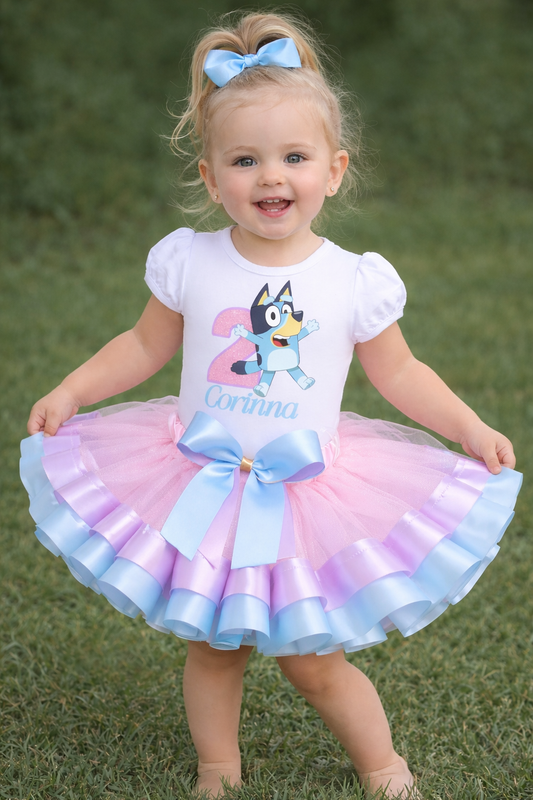Bluey Inspired 2nd Birthday Tutu Outfit for Girls – Personalized Pink & Blue Ribbon Trim Dress Set fo ages 1-5