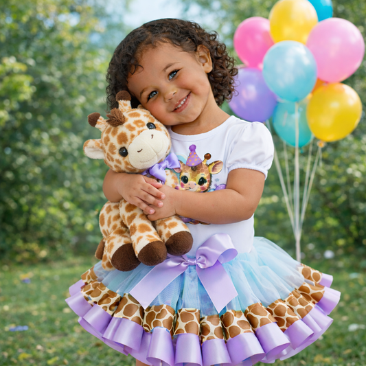 Child in a giraffe-themed outfit holding stuffed giraffes with balloons in the background