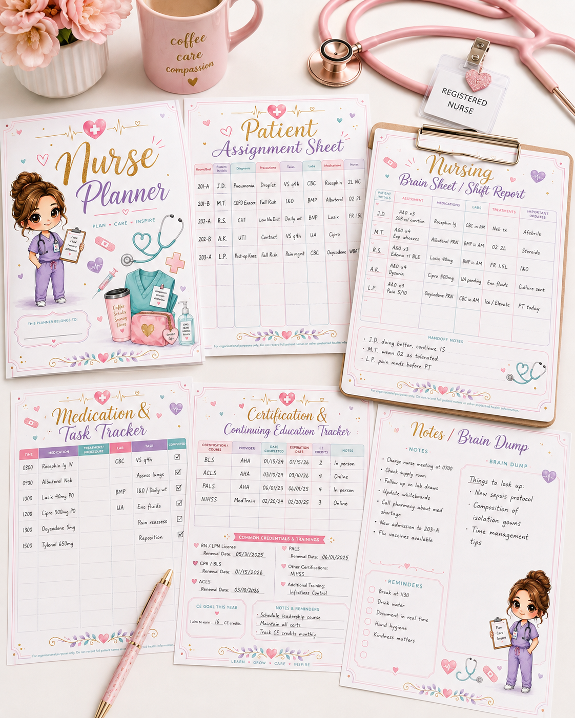 Printable Nurse Planner Bundle – 10-Page Nursing Shift Planner, Brain Sheet, Patient Assignment & Medication Tracker | Digital Download
