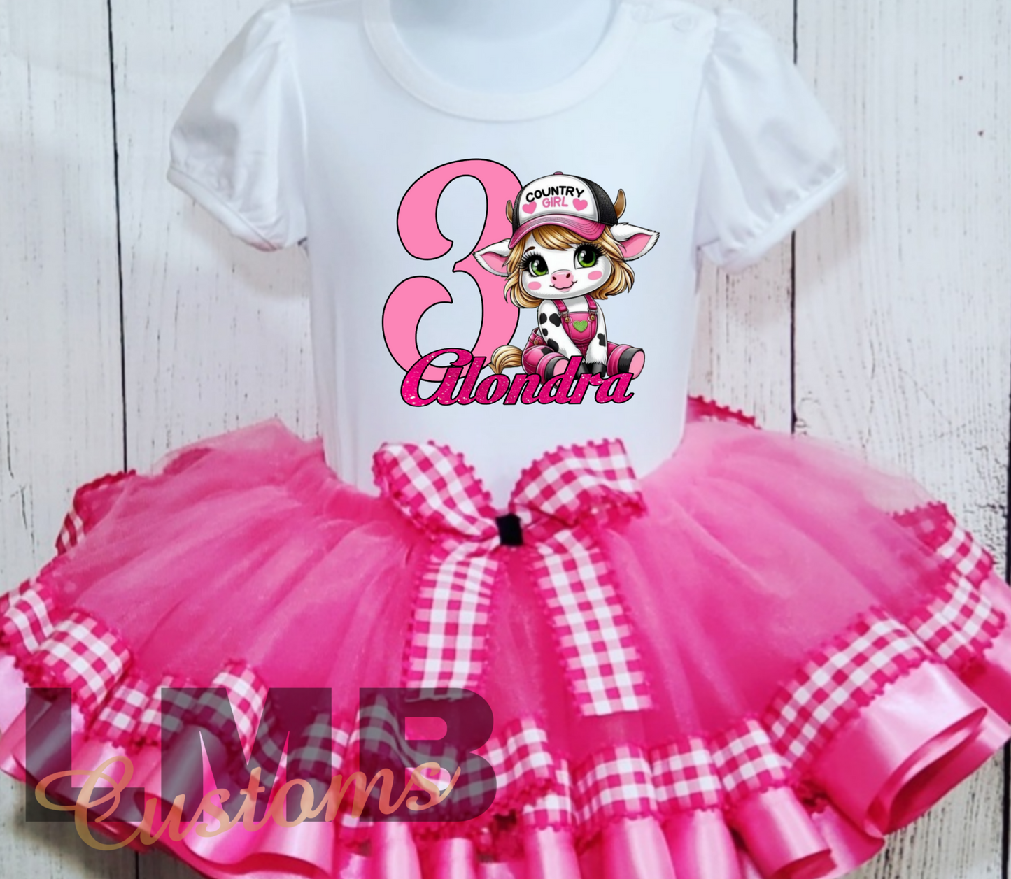 Pink Country Girl Tutu outfit with personalized birthday shirt and pink tulle skirt with gingham ribbon bow