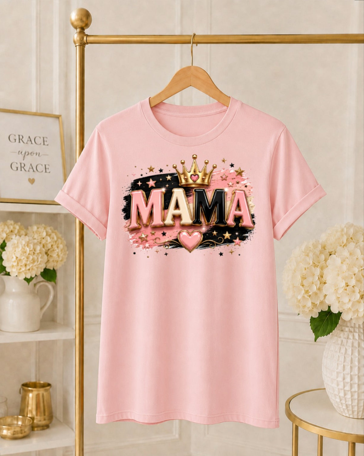 MAMA Queen Graphic T-Shirt – Pink Black & Gold Crown Mom Shirt with Hearts – Trendy Mother’s Day Gift for Mom