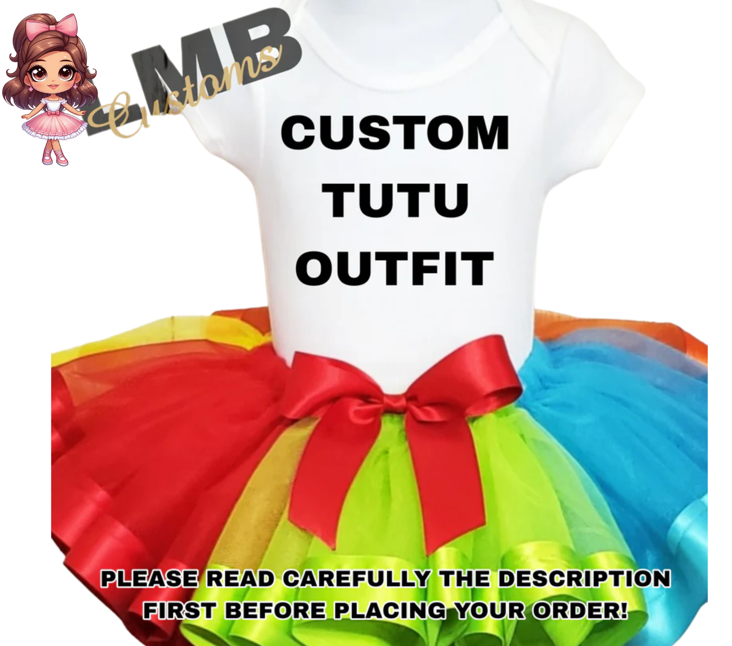 Colorful custom tutu outfit with single ribbon trim and personalized top for children