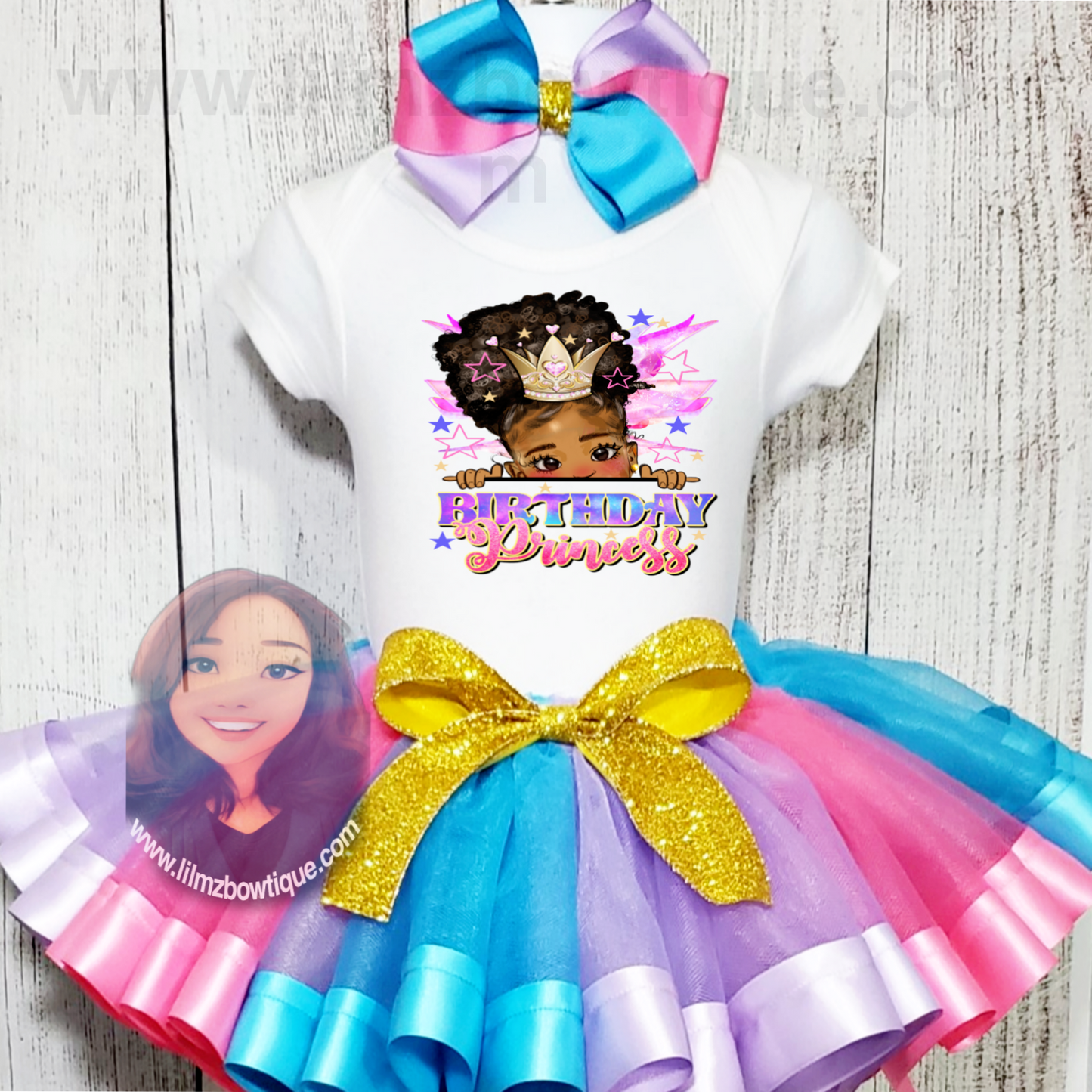 Birthday Princess Tutu outfit with colorful tutu skirt, matching hair bow, and birthday girl graphic shirt