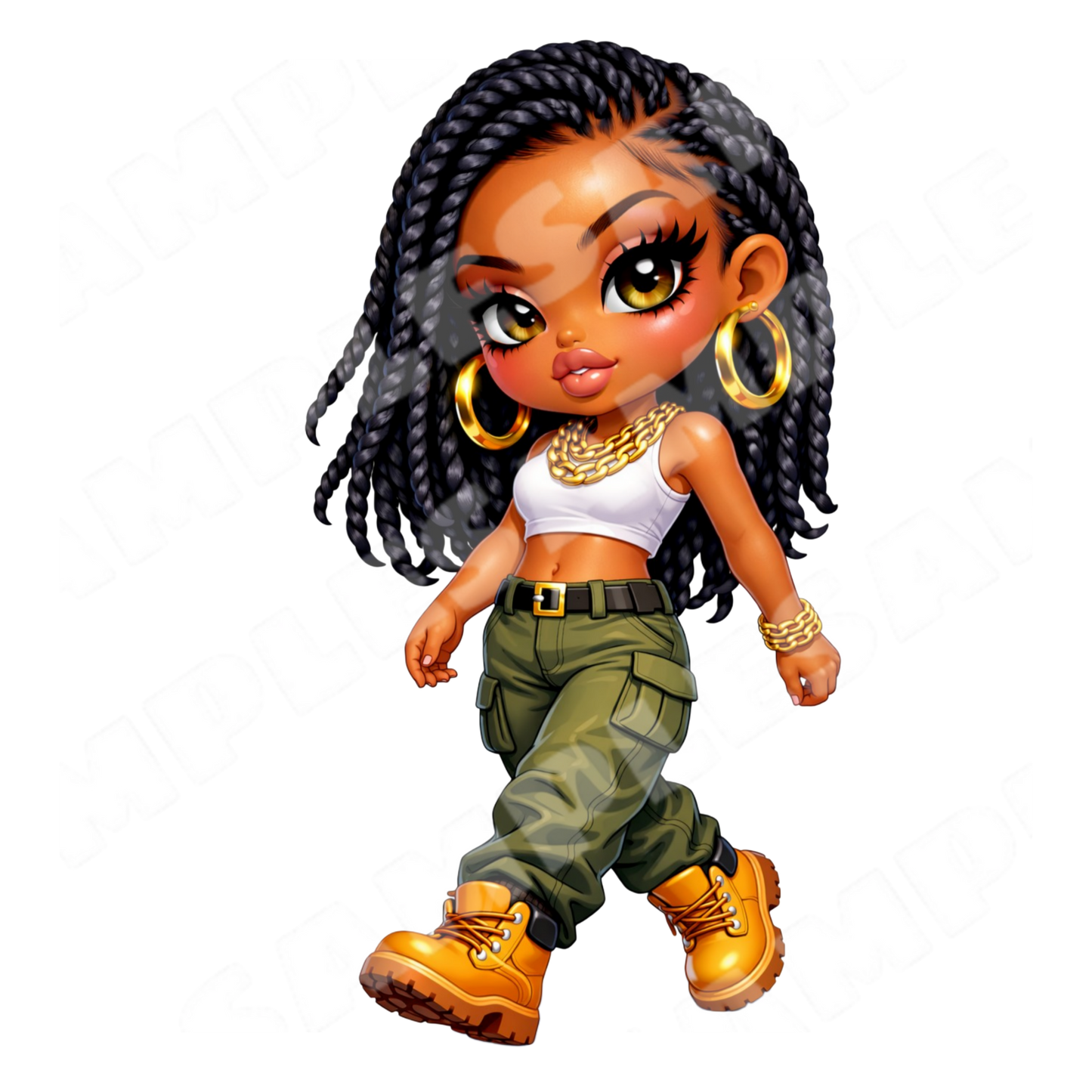 African American Sassy Street Style Chibi Girl Sticker PNG (Digital Product)