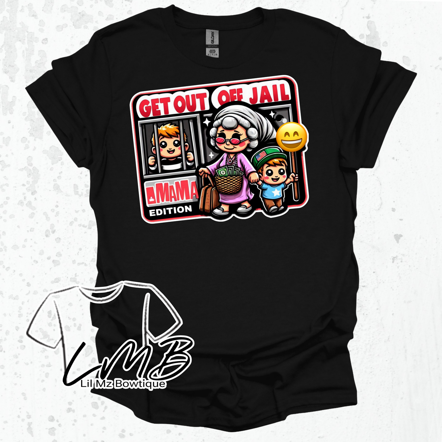 Black adult t-shirt with colorful "Get out of jail Grandma edition" cartoon design