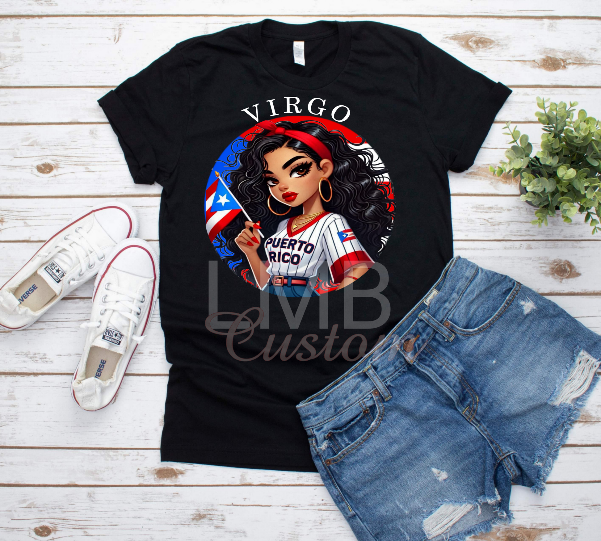 Black Puerto Rican Zodiac Virgo t-shirt with cartoon woman and flag design