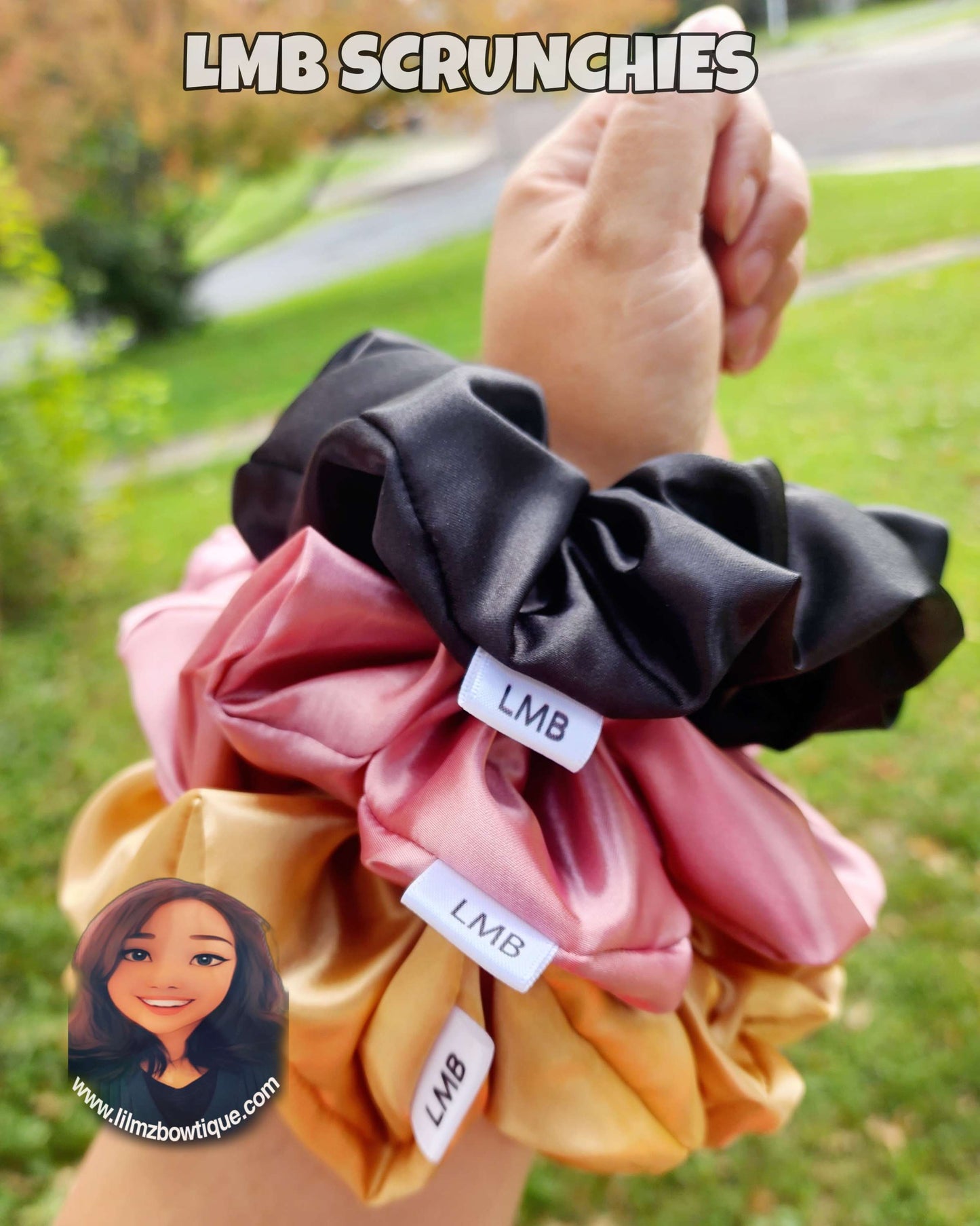 Satin XL Scrunchies in black, pink, and gold made with smooth charmeuse fabric