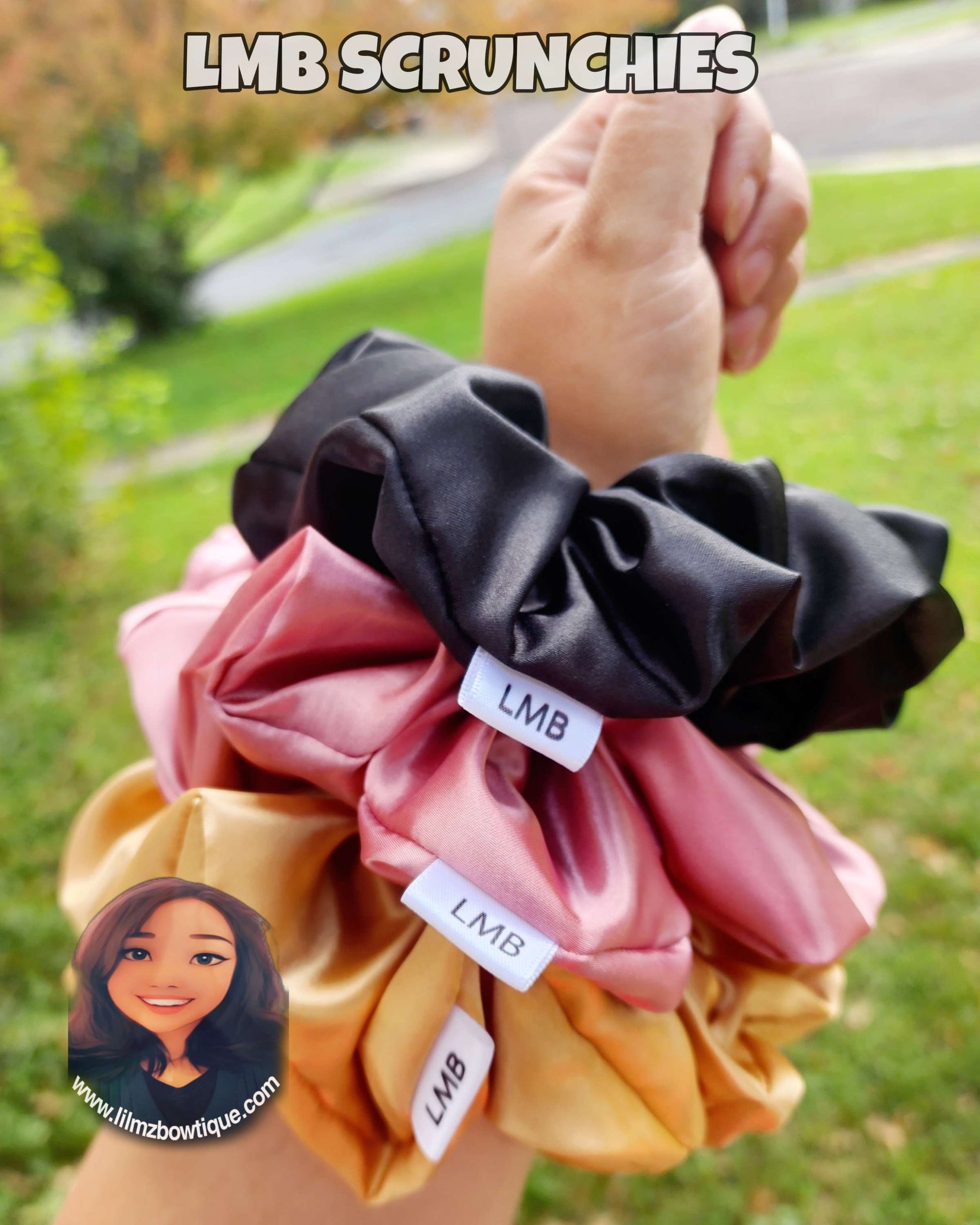 Satin XL Scrunchies in black, pink, and gold made with smooth charmeuse fabric