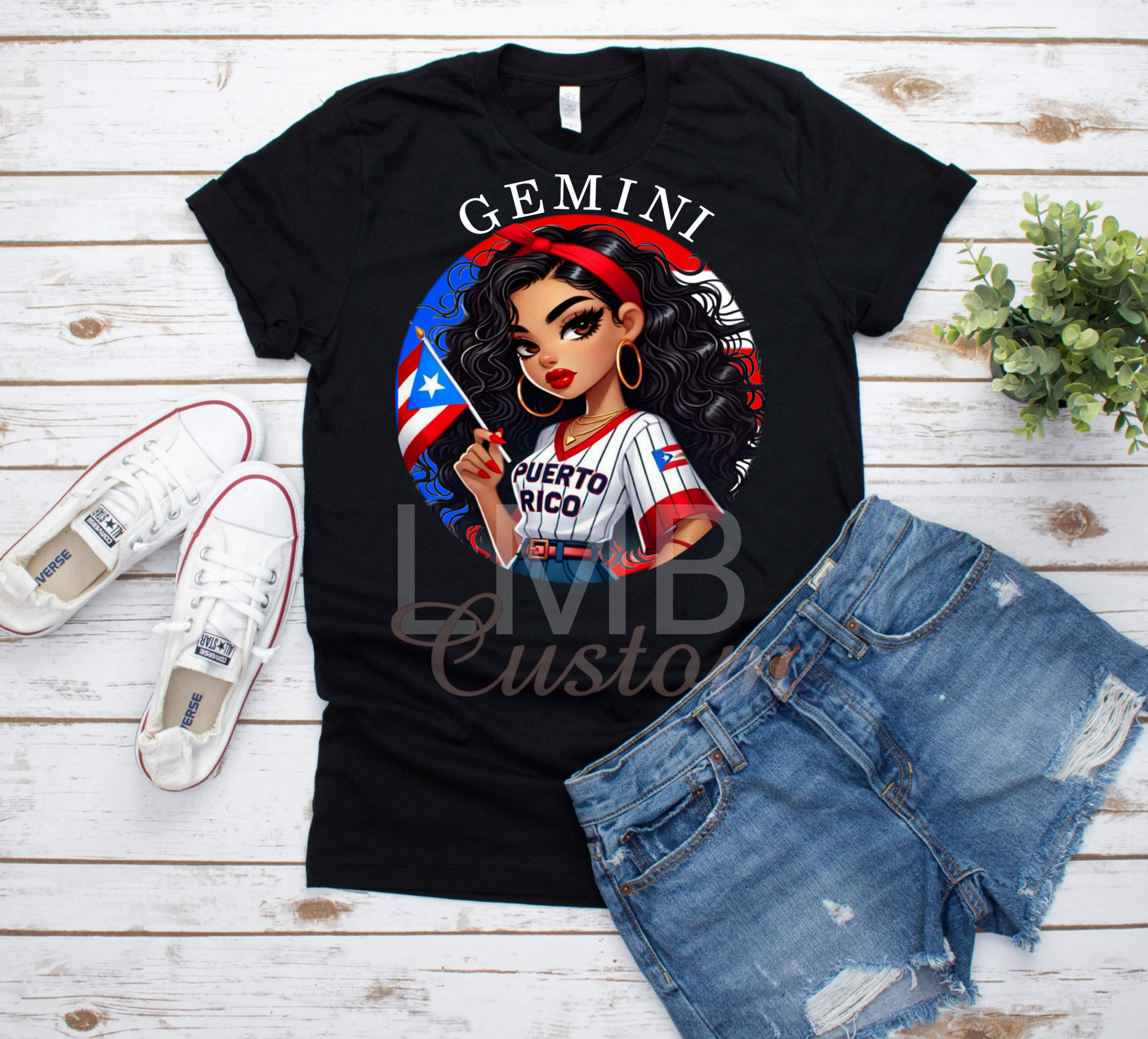 Black Puerto Rican Zodiac Gemini adult unisex T-shirt with illustrated woman and Puerto Rico flag design
