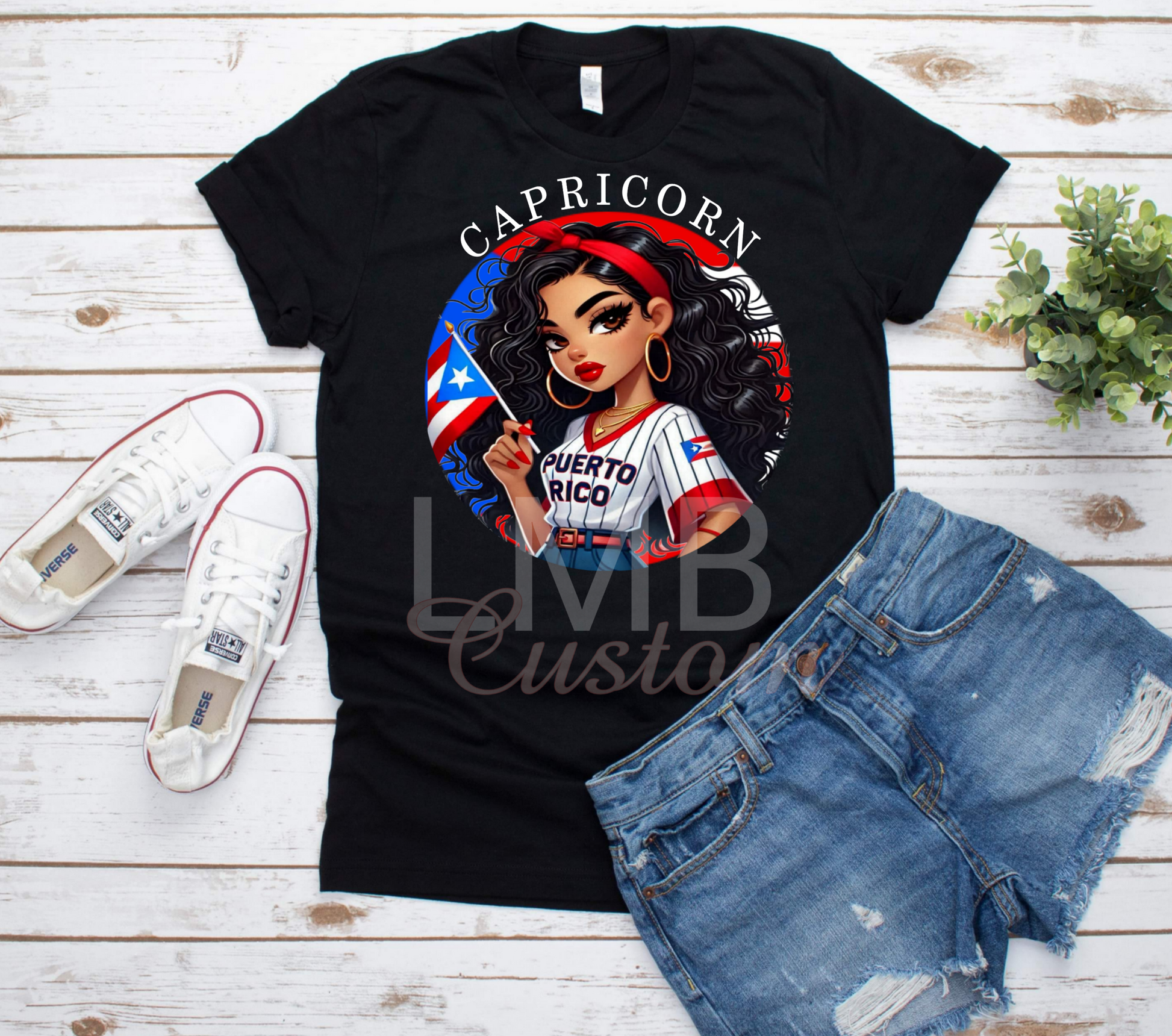 Black Puerto Rican Zodiac Capricorn T-shirt with cartoon woman holding flag.