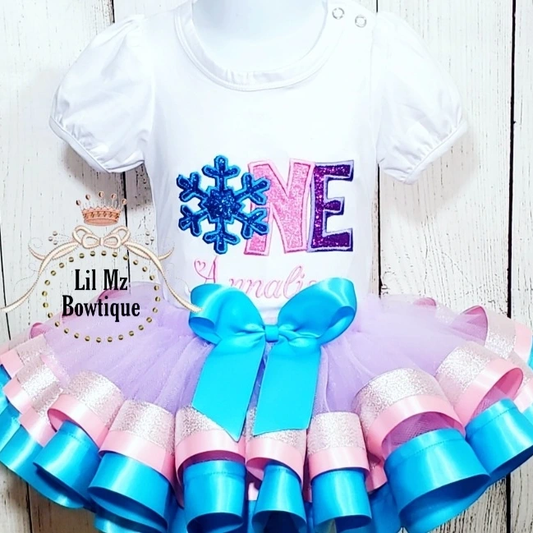 Snow Flake 1st Birthday Tutu Outfit with embroidered shirt and blue pink ribbon tutu bow