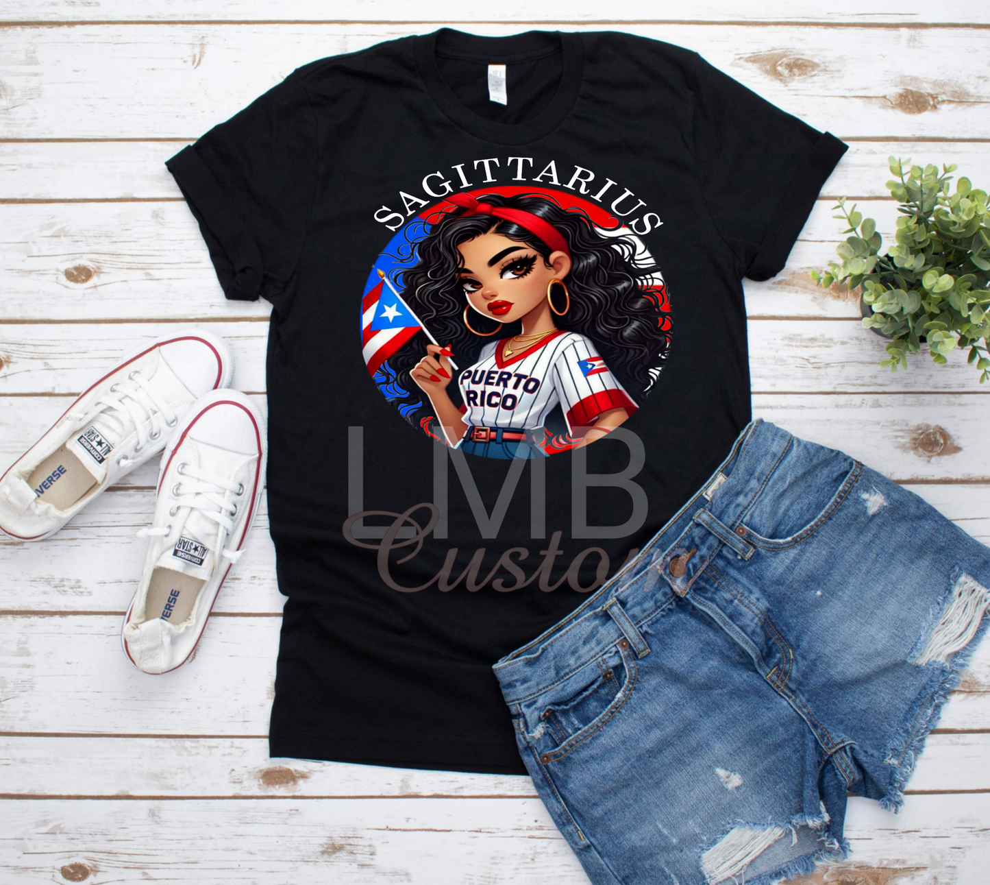 Puerto Rican Zodiac Sagittarius design on black adult unisex softstyle t-shirt.