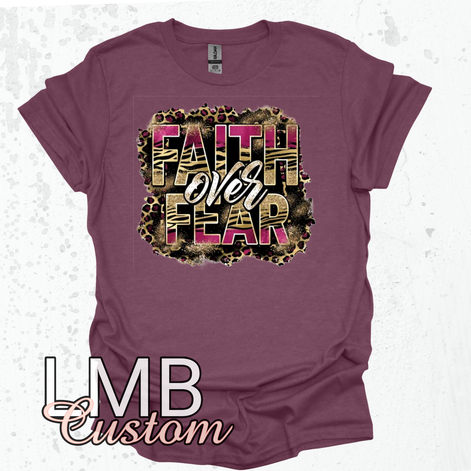 Adult unisex maroon Faith Over Fear T-shirt with leopard print design