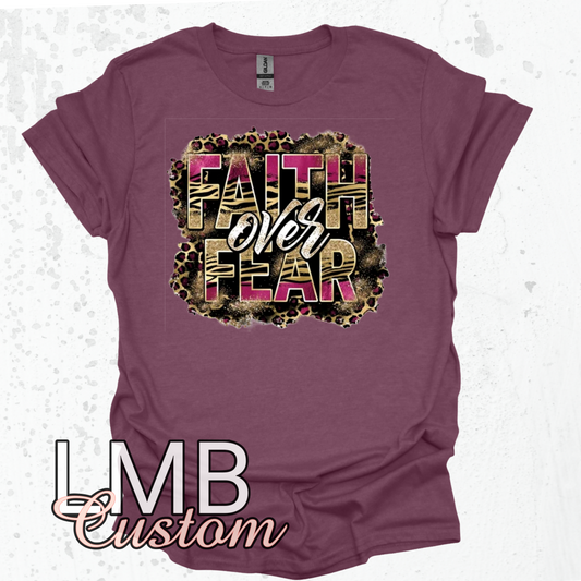 Adult unisex maroon Faith Over Fear T-shirt with leopard print design