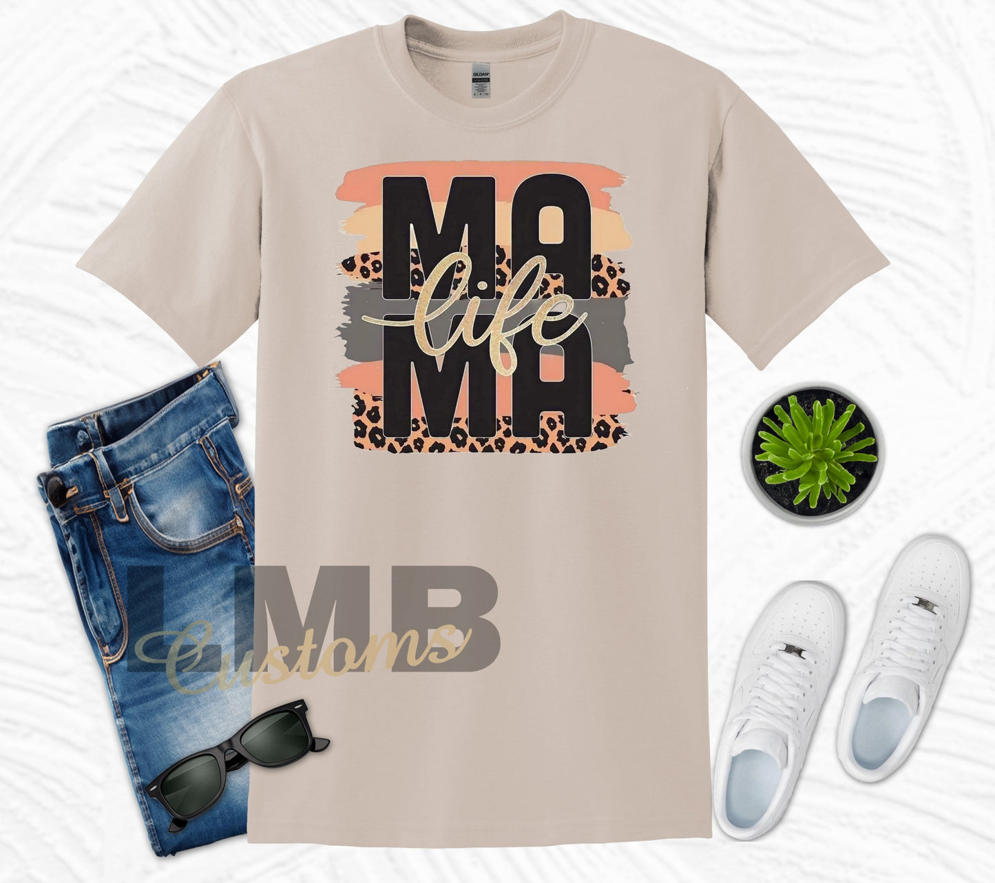 Mama Life Adult T-Shirt with colorful block and leopard print design on soft beige fabric
