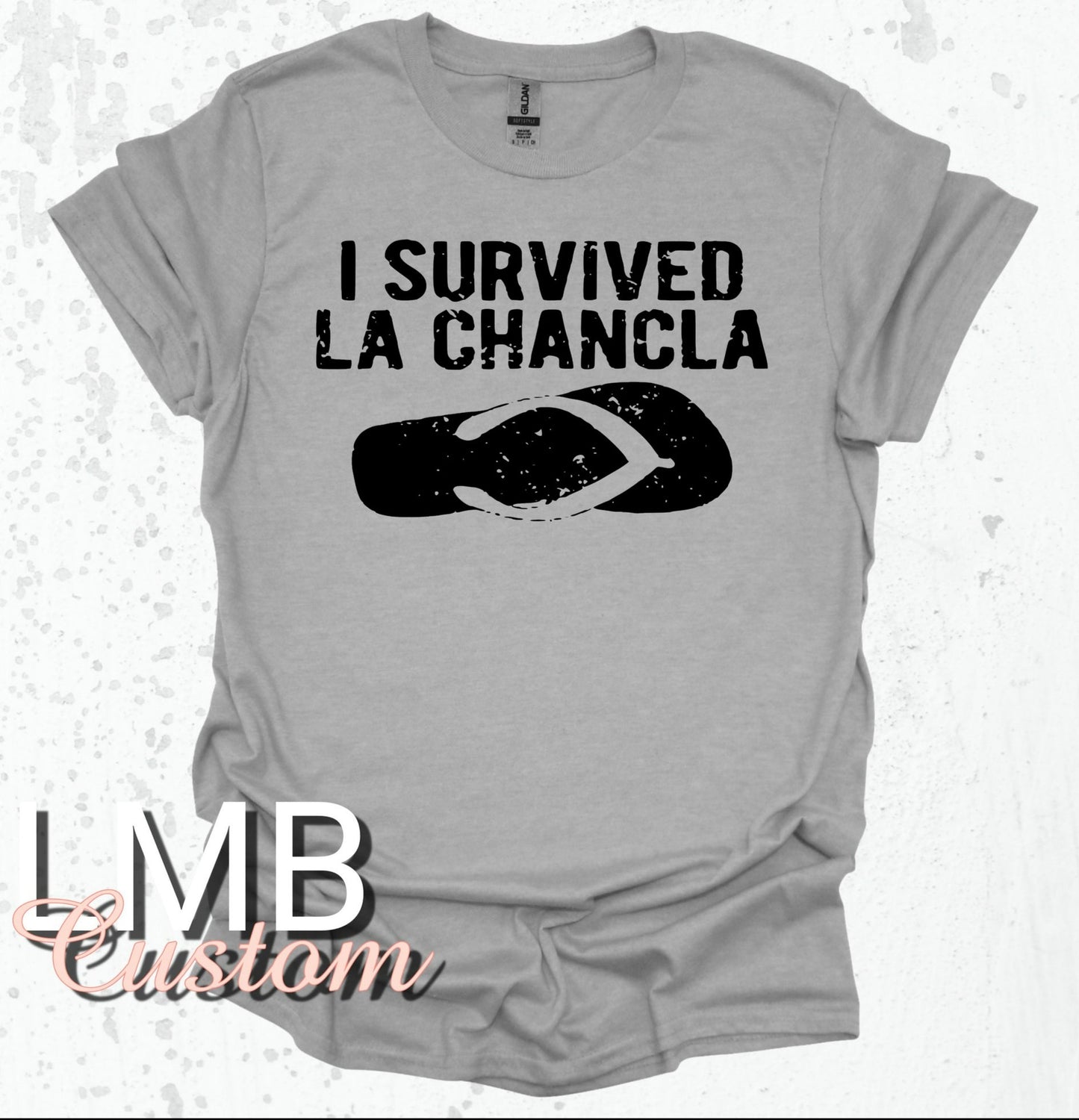 I Survived La Chancla gray adult unisex t-shirt with flip-flop graphic and black text design