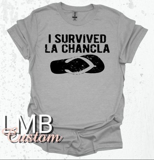 I Survived La Chancla gray adult unisex t-shirt with flip-flop graphic and black text design