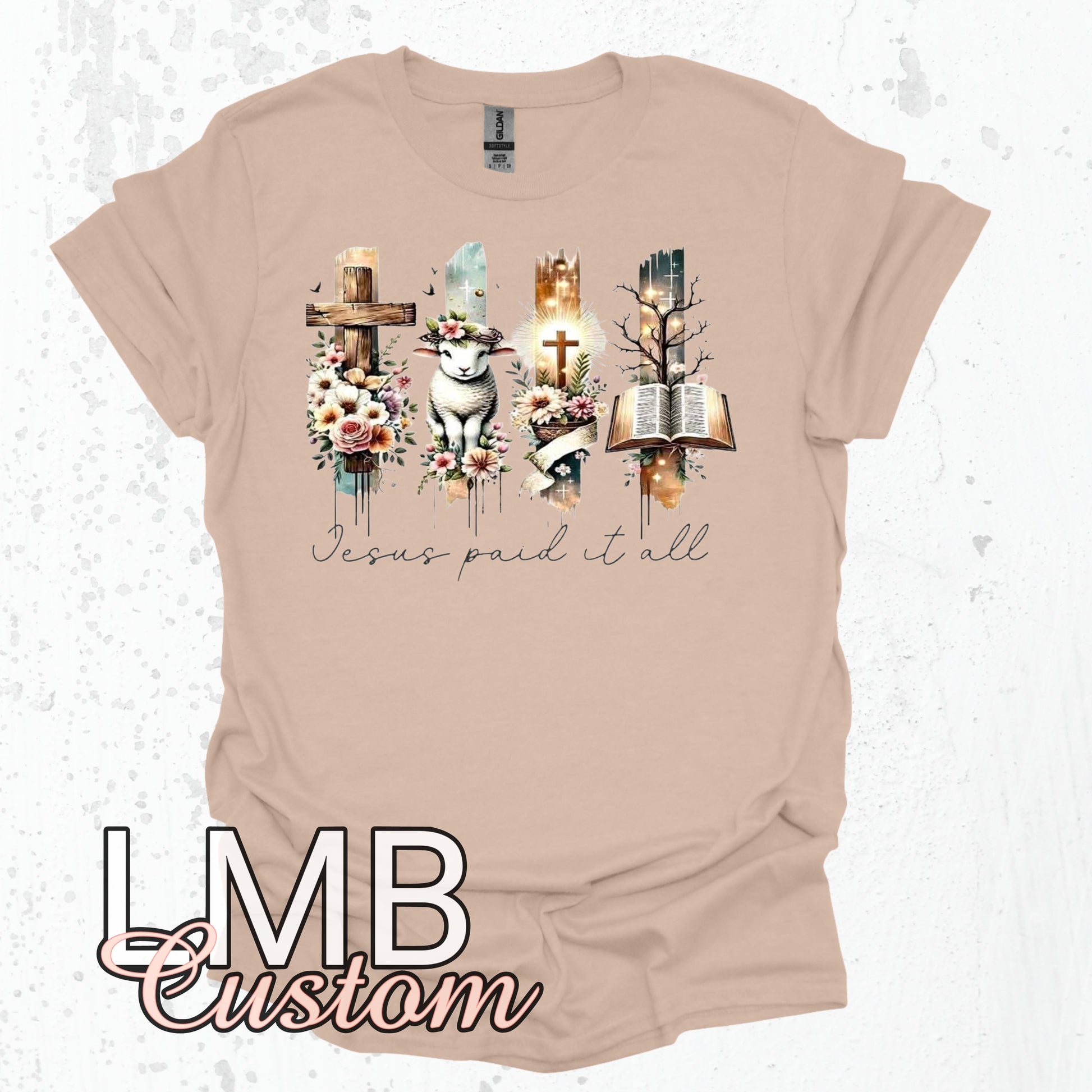 Sand Jesus Christian shirt with religious cross, lamb, crown, and Bible design, unisex softstyle cotton blend tee