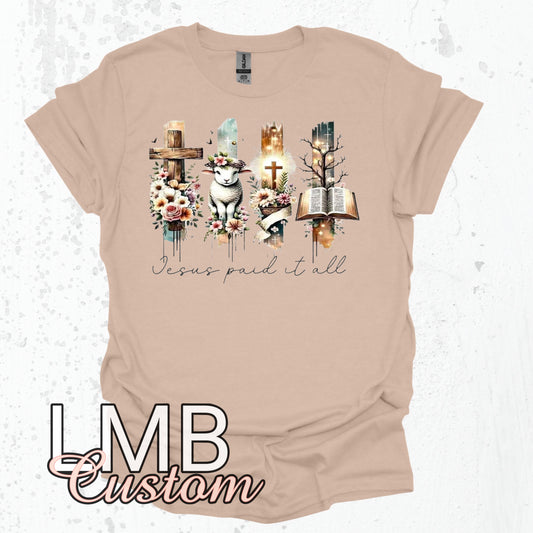 Sand Jesus Christian shirt with religious cross, lamb, crown, and Bible design, unisex softstyle cotton blend tee