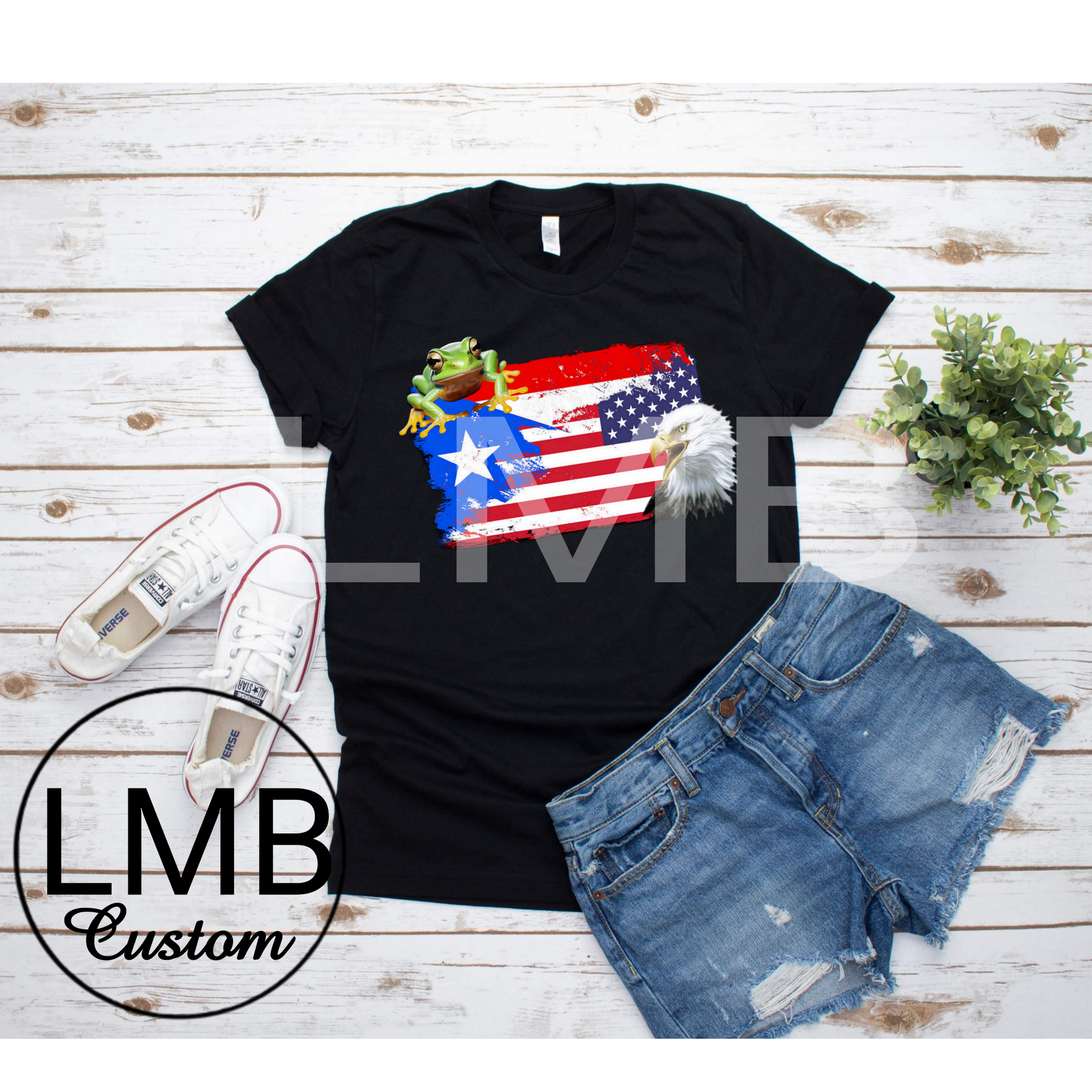 Puerto Rico USA Adult T-Shirt black with flag design, frog and eagle.