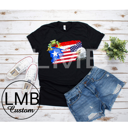 Puerto Rico USA Adult T-Shirt black with flag design, frog and eagle.