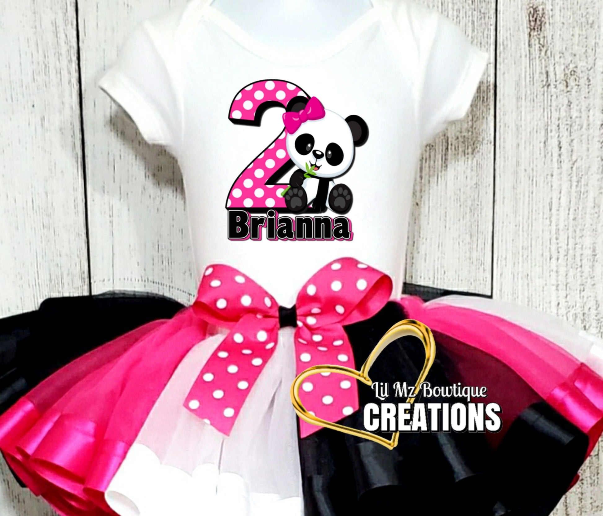 Personalized panda bear tutu outfit with polka dot bow and age number design for girls