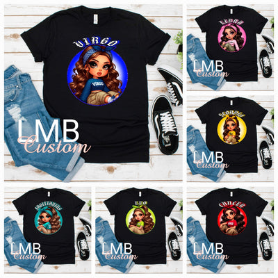 Zodiac adult t-shirt with colorful astrological signs featuring Virgo, Libra, Scorpio, Sagittarius, Leo, and Cancer on black softstyle fabric.