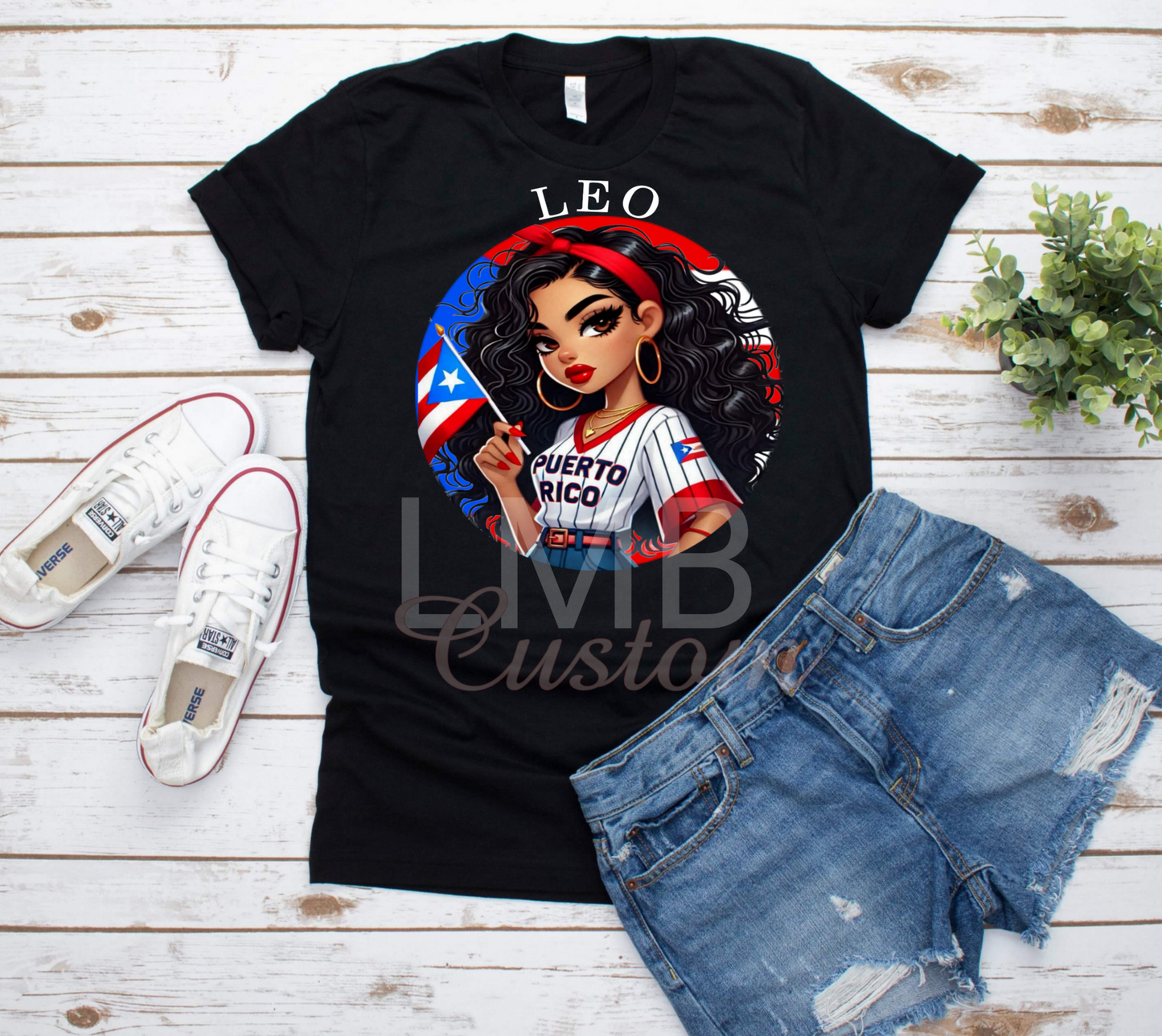 Puerto Rican Zodiac Leo design on black unisex t-shirt with Puerto Rico flag.