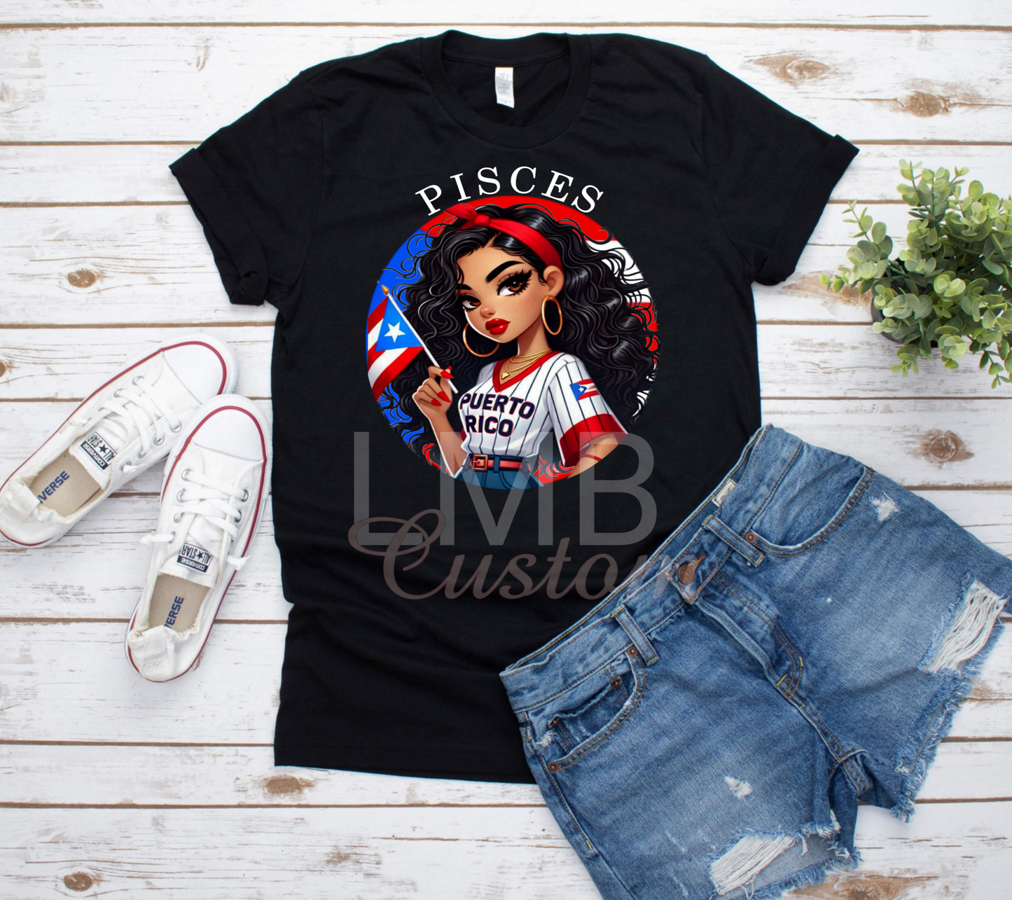 Black Puerto Rican Zodiac Pisces t-shirt with cartoon woman holding Puerto Rican flag.