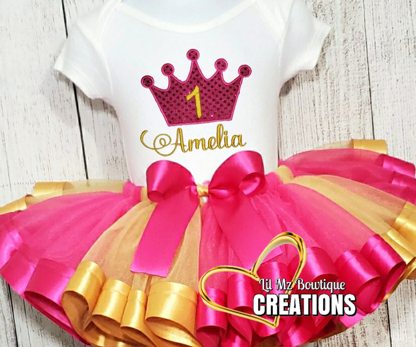 Princess crown birthday tutu outfit with personalized name and pink gold tulle skirt