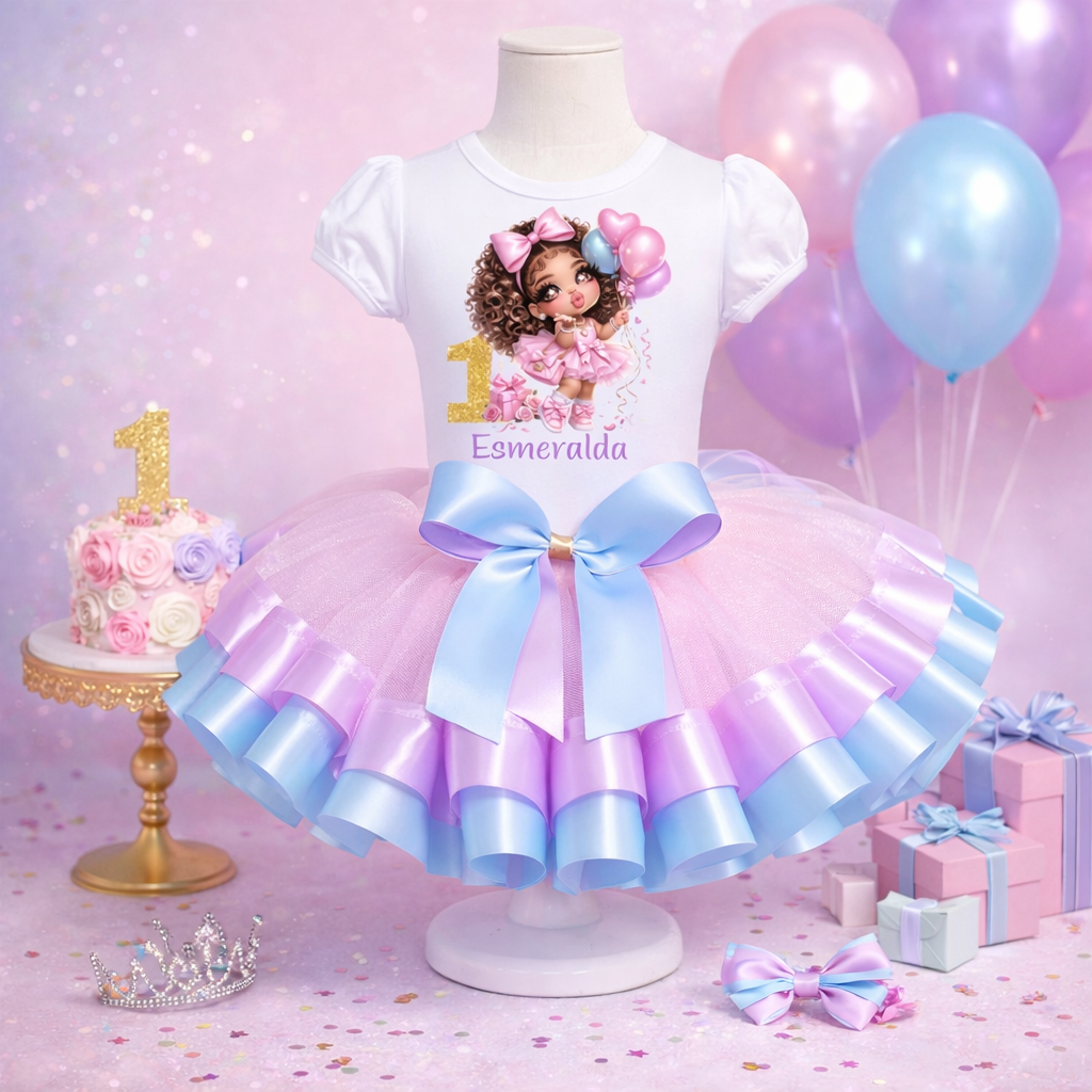 Chibi Girl Baby Girl 1st Birthday Outfit – Personalized Princess Tutu Set – Pink Lavender Blue First Birthday Tutu Set