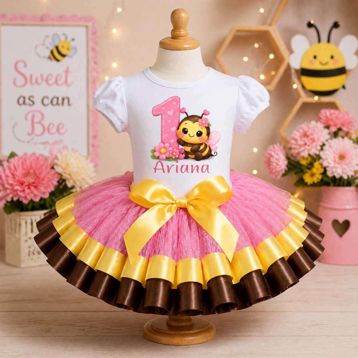 Bee Theme Birthday Tutu Outfit, Pink Yellow Brown Personalized Birthday Shirt and Tutu Set