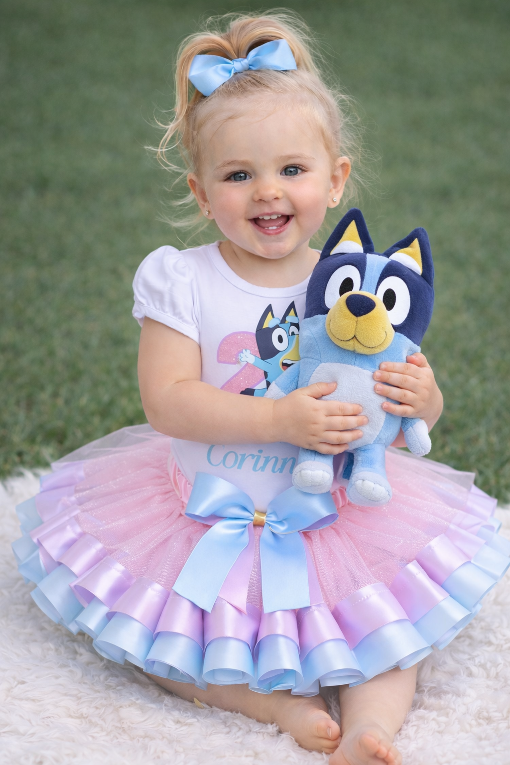Bluey Inspired 2nd Birthday Tutu Outfit for Girls – Personalized Pink & Blue Ribbon Trim Dress Set 12M / 5th Birthday