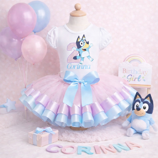 Bluey Inspired 2nd Birthday Tutu Outfit for Girls – Personalized Pink & Blue Ribbon Trim Dress Set