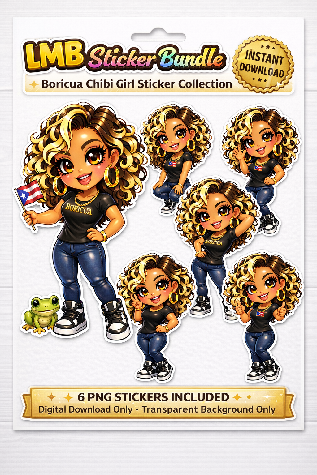 Boricua Chibi Girl 6 Sticker Bundle Cliparts (Digital Product)