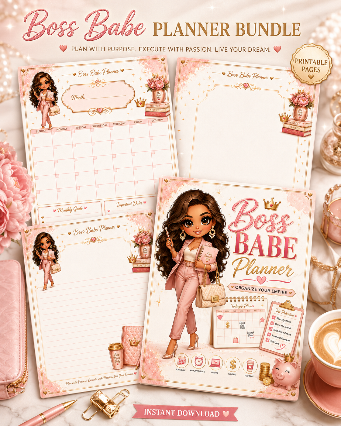Boss Babe Business Planner Bundle Printable | Pink Digital Planner Pages, Monthly Calendar, Notes Page, Instant Download
