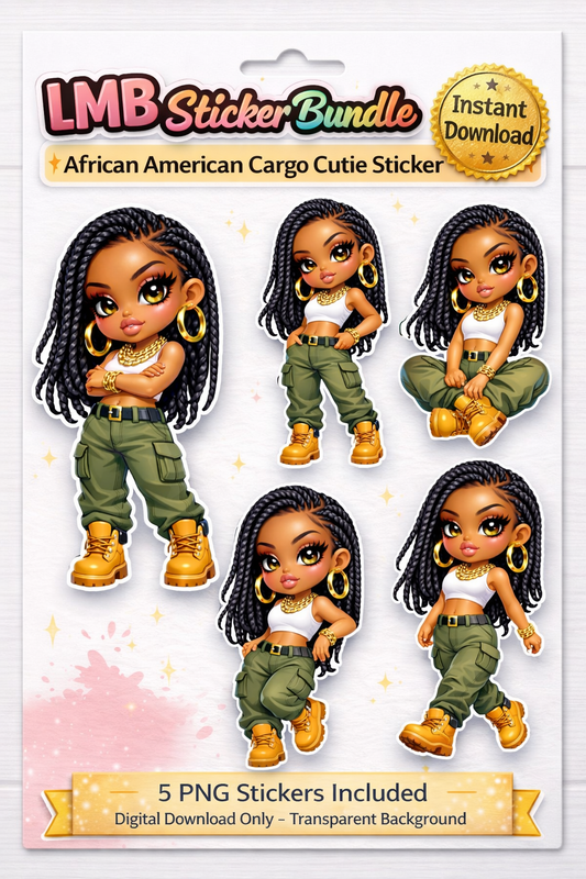 African American Sassy Street Style Chibi Girl Sticker PNG (Digital Product)