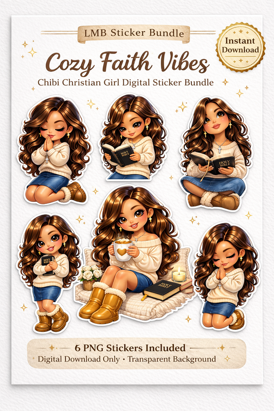 Cozy Faith Vibes Chibi Christian Girl Digital Sticker Bundle 6 PNG Stickers(Digital Product)