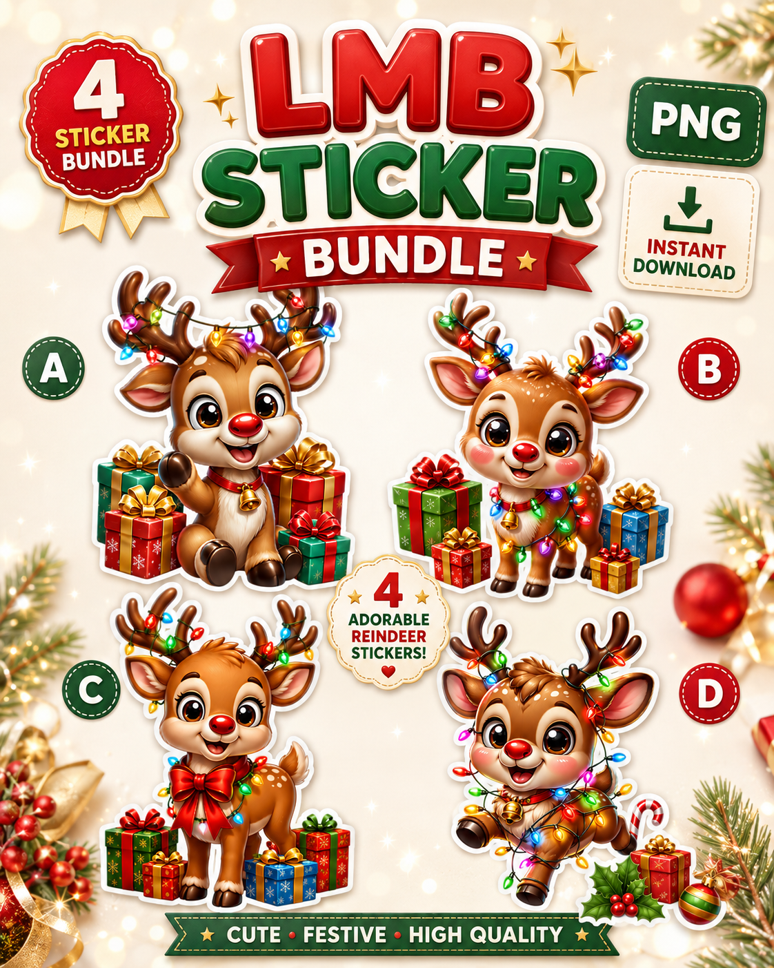 Christmas Reindeer PNG Sticker Bundle | 4 Cute Holiday Digital Downloads