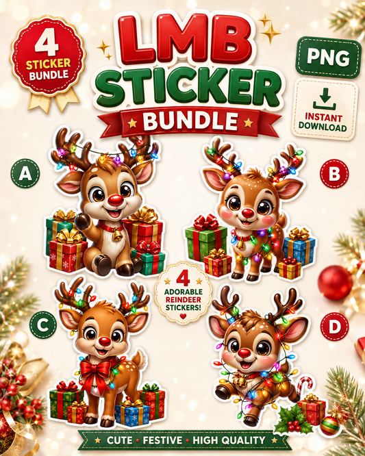 Christmas Reindeer PNG Sticker Bundle | 4 Cute Holiday Digital Downloads