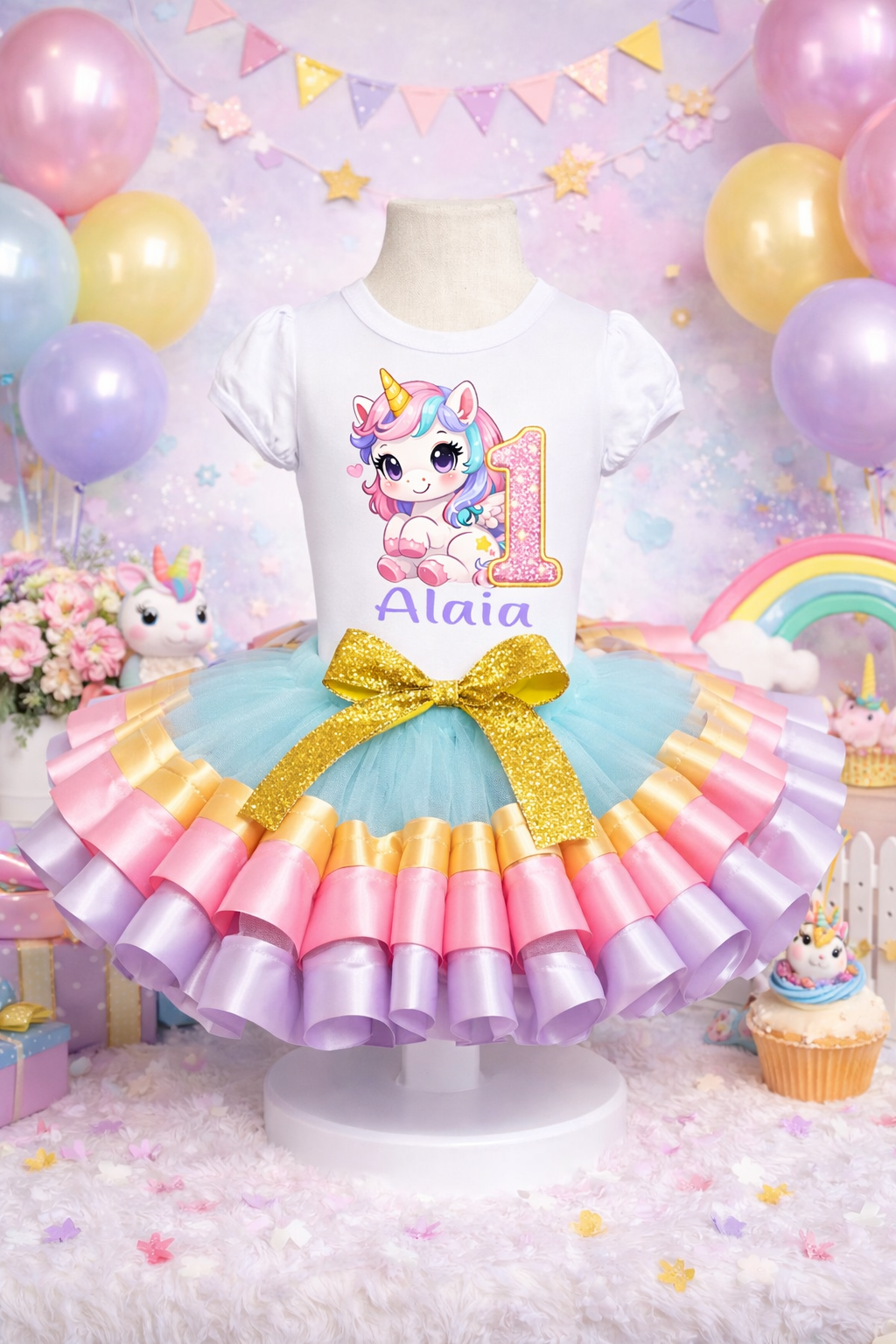 Children's outfit with unicorn design on a mannequin against a colorful background with balloons and decorations.