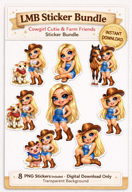 Cowgirl Cutie & Farm Friends Sticker Bundle 8 PNG Digital Stickers(Digital Product)
