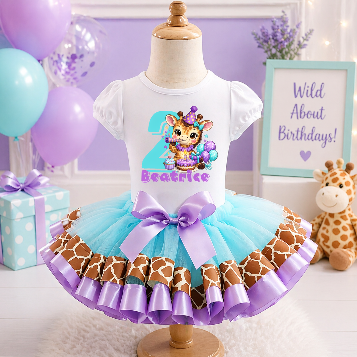 Children's birthday outfit with a dress and shirt featuring a giraffe design on a mannequin.