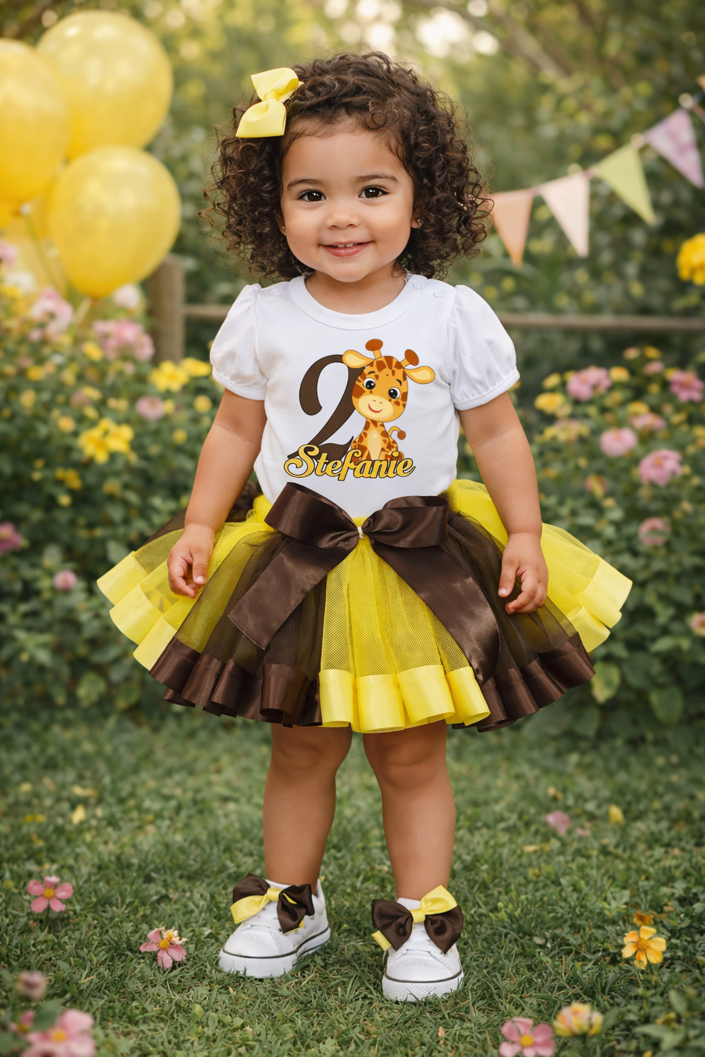 Child in a giraffe-themed outfit with a yellow and brown skirt.