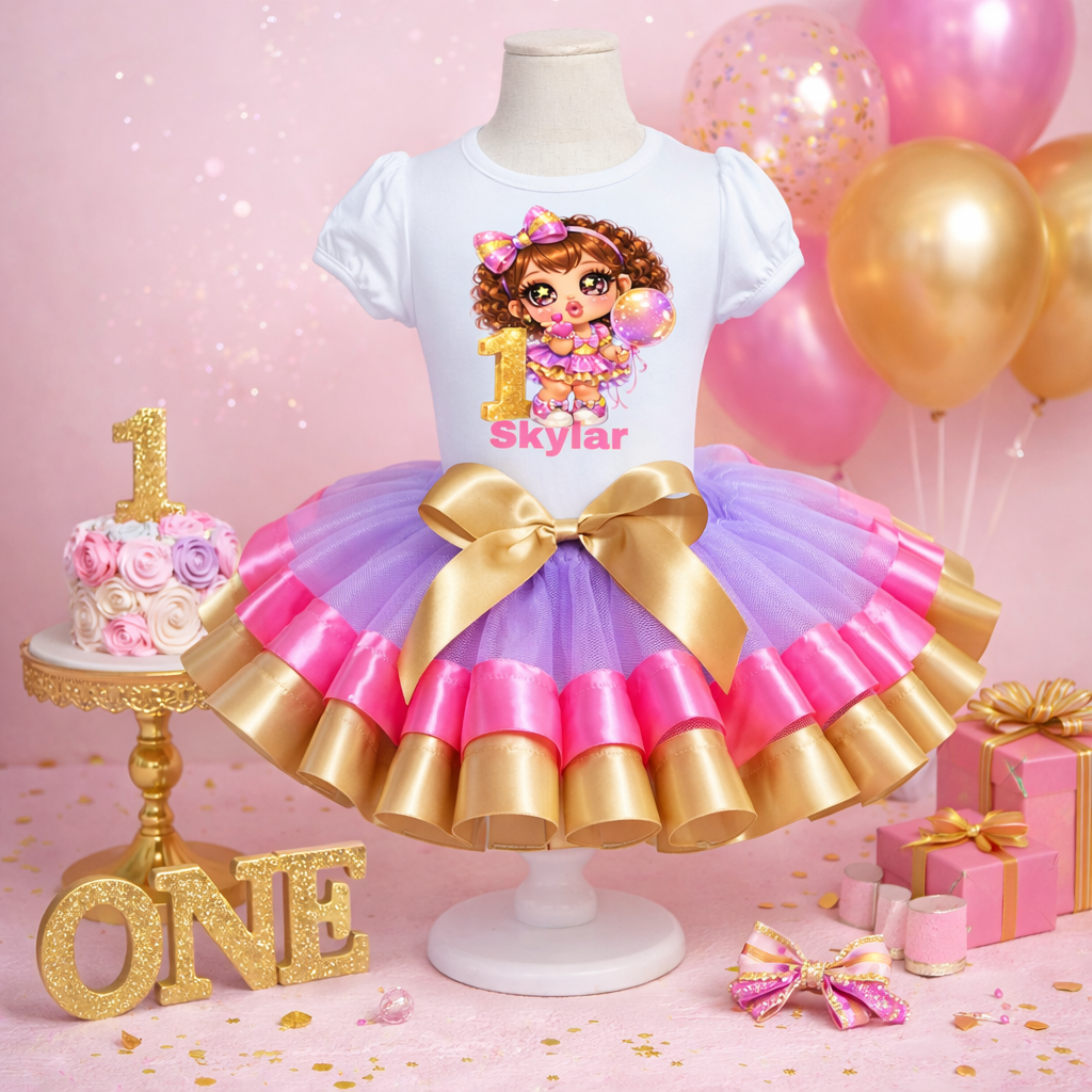 Golden Chibi Girl Princess Theme First Birthday Tutu Set (1-5)