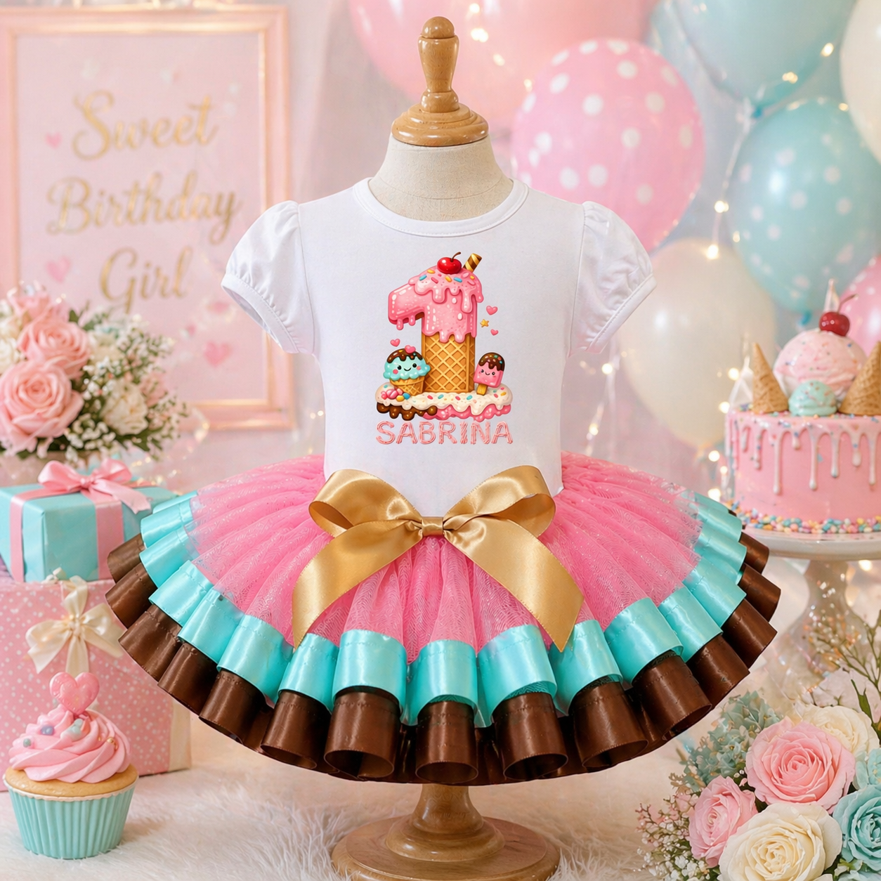 Ice Cream Theme Birthday Tutu Outfit for Girls – Pink Gold Aqua Birthday Set